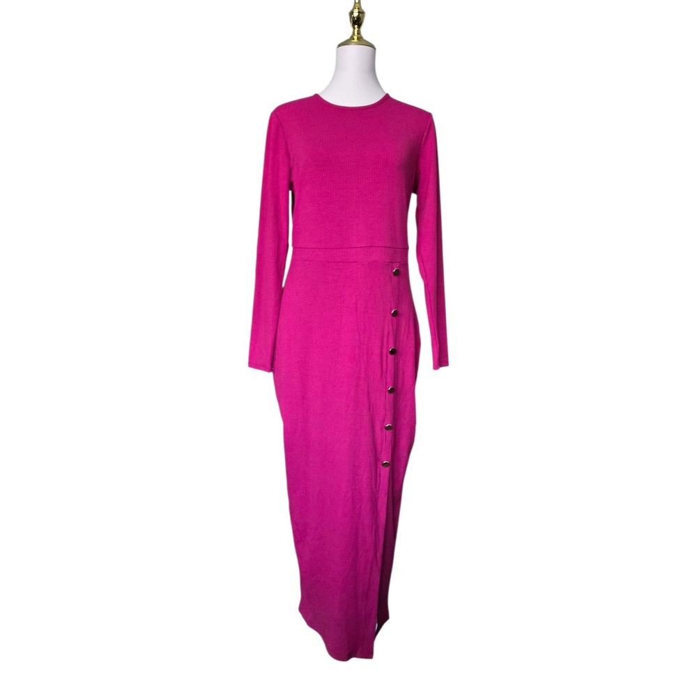 Nina Parker Size 0X Fuchsia Ribbed Knit Maxi Dress Side Button Slit NWT‎